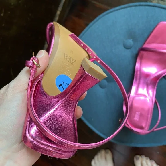Zara Pink metallic minimal kitten Heels Strappy Sandals 38 - Picture 7 of 7